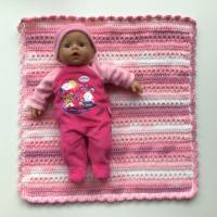 Puppendecke gehäkelt, 44cm x 43 cm, rosa mit weiß, Decke für Puppen und Puppenwagen, Kuscheldecke für Puppen Bild 1