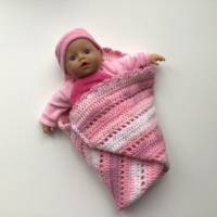 Puppendecke gehäkelt, 44cm x 43 cm, rosa mit weiß, Decke für Puppen und Puppenwagen, Kuscheldecke für Puppen Bild 5