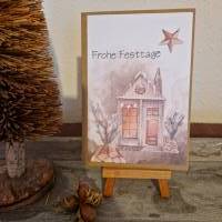 Weihnachtskarte mit Häuschen - Stern - Holz - Frohe Festtage Bild 1