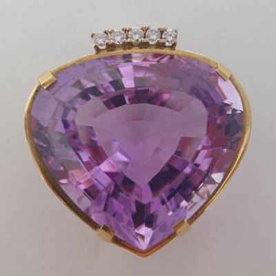 Amethyst Anhänger 585 Gold – Handgefertigtes Einzelstück, Anhänger mit großem Amethyst und 5 Brillanten in 14K Gelbgold
