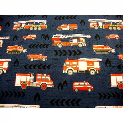Reststück 1,16m Baumwolljersey Feuerwehr & Co – Feuerwehrstoff auf marine, superweicher Stoff limitiert