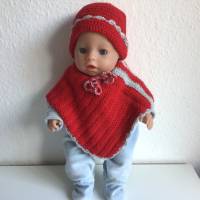 Puppenponcho mit Mütze, rot mit grau, für Größe 43-48 cm, gehäkelt, Poncho für Puppen Bild 1