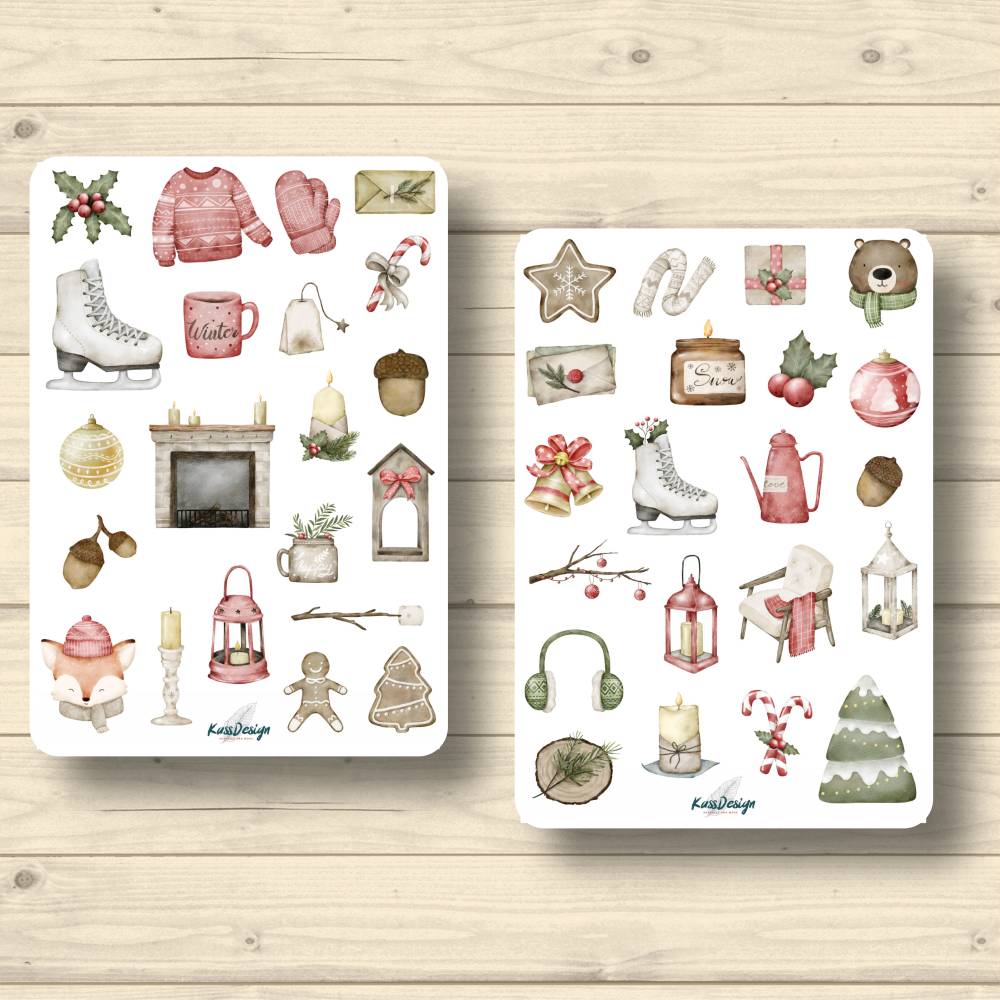 2x Sticker Sheets, Winter-Weihnachts-Motive, Aufkleber Planner
