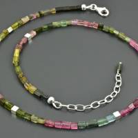 Zarte Turmalinkette mit kleinem Rechtecken und Würfeln und 925er Silber, Turmalincollier, minimalistisch, grün, rosa, Bild 3