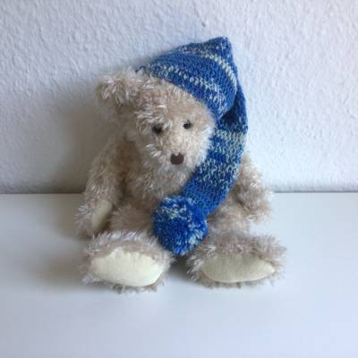 Zipfelmütze mit Bommel für Teddybären und Puppen, gehäkelt mit Muster, für Größe, ca. 45-50 cm, blau, weiß gemustert