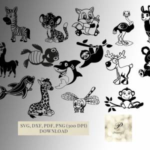 Plotterdatei Süßes Tier SVG Set, Dateien für Cricut, Faultier T-Shirt Design  Digital Download süße Tier Motive für Kind Bild 1
