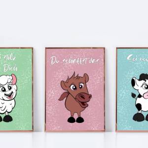 Wandbilder Kinder, Geschenk zur Einschulung Schulanfang Wünsche Mutmacher 3er Set Bauernhoftiere mit Motivationssprüchen Bild 1