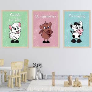 Wandbilder Kinder, Geschenk zur Einschulung Schulanfang Wünsche Mutmacher 3er Set Bauernhoftiere mit Motivationssprüchen Bild 2