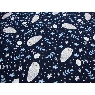 Rest 0,62m Baumwoll-Jersey Schneeeulen dunkelblau – hochwertiger Stretch-Stoff für Bekleidung