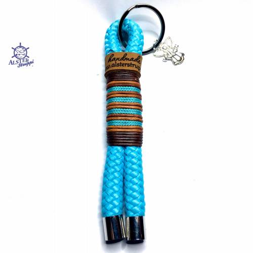 Schlüsselanhänger handgefertigt der Marke AlsterStruppi in hell türkis mit Leder und helltürkisem Takelgarn personalisie