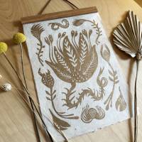 Linoldruck Dornige Blume - Gold auf Weiß Bild 1