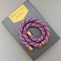 Glasperlenkette gehäkelt, violett lila gold, 46 cm, Halskette aus Glasperlen gehäkelt, Häkelkette, Glasperlenkette Bild 2