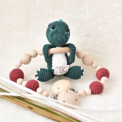 Dino Kinderwagenkette in Grün gehäkelt für Baby, ideal für den Kinderwagen, Greifling und Spielzeug oder an der Babyscha