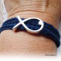 Gehäkeltes Armband mit Metallperle Fisch - Häkelarmband,Damenarmband,Geschenk marineblau, silber Bild 5