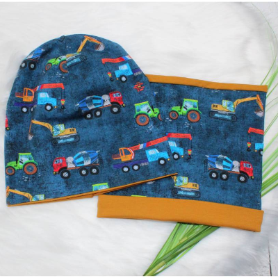Kinder Beanie Loop Mütze Kindermütze Wintermütze Baustelle Betonmischer Kran dunkelblau ocker 