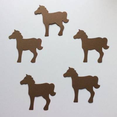 Stanzteile Pferde, 5 Stück in braun als Kartenaufleger, zum Kartenbasteln, 10 cm lang, 9,5 cm hoch