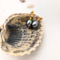 Schwarze Perlen Ohrhänger oval 9x11,5 mm baumeln, Haken 925er Silber vergoldet, Süßwasser- Perle Bild 2