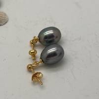 Schwarze Perlen Ohrhänger oval 9x11,5 mm baumeln, Haken 925er Silber vergoldet, Süßwasser- Perle Bild 6