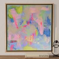 Leinwandbild mit Schattenfugenrahmen, bunte abstrakte Kunst mit Neon-Pink, 50x50cm, quadratisches Gemälde, Malerei Bild 1