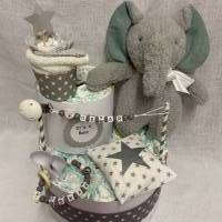 Windeltorte Elefant weiß grau mit Name baby torte babyshower party geburt taufe geschenk schnullerkette boy girl kuchen Bild 4