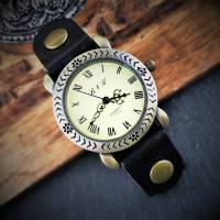 Armbanduhr,echt Leder, Lederuhr,  Vintage-Stil, bronze, römisches Ziffernblatt Bild 1