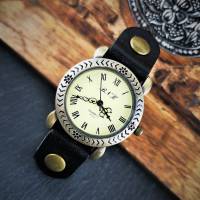 Armbanduhr,echt Leder, Lederuhr,  Vintage-Stil, bronze, römisches Ziffernblatt Bild 2
