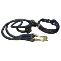 Hundeleine und Halsband Set, beides verstellbar, schwarz, gold, Leder und Schnalle, 10 mm Stärke Bild 1