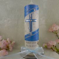 Taufkerze Kreuz blau silber Kreuz mit Name Datum 250/70 mm Original Design TKR578 Bild 2