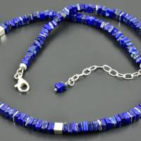 Lapislazuli-Kette mit viereckigen Scheiben und 925er Silberwürfeln - Lapis Lazuli Halskette Collier dunkelblau eckig han Bild 2