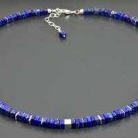 Lapislazuli-Kette mit viereckigen Scheiben und 925er Silberwürfeln - Lapis Lazuli Halskette Collier dunkelblau eckig han Bild 3