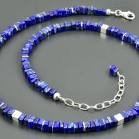 Lapislazuli-Kette mit viereckigen Scheiben und 925er Silberwürfeln - Lapis Lazuli Halskette Collier dunkelblau eckig han Bild 4