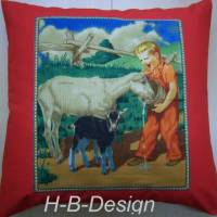 Kissenbezug Kinder auf dem Bauernhof, Motiv Junge mit Ziegen, 40x40cm, Geschenk, reine Baumwolle, 40° Wäsche Bild 1
