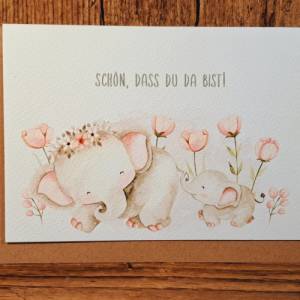 Glückwunschkarte zur Geburt - Babykarte- Willkommen kleines Wunder - Schön, dass du da bist - Geschenkkarte Babyelefant Bild 1