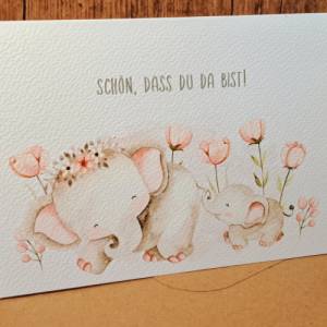 Glückwunschkarte zur Geburt - Babykarte- Willkommen kleines Wunder - Schön, dass du da bist - Geschenkkarte Babyelefant Bild 2