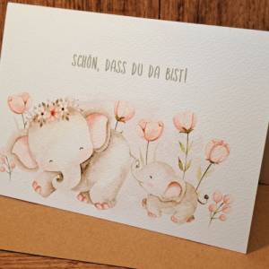 Glückwunschkarte zur Geburt - Babykarte- Willkommen kleines Wunder - Schön, dass du da bist - Geschenkkarte Babyelefant Bild 3
