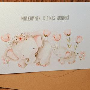 Glückwunschkarte zur Geburt - Babykarte- Willkommen kleines Wunder - Schön, dass du da bist - Geschenkkarte Babyelefant Bild 5
