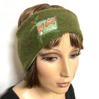 angenehmes Stirnband aus grünem BIO-Wollwalk, mit Applikation und Stickerei, komplett gefüttert mit weicher Baumwolle Bild 4
