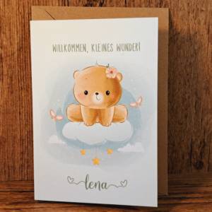 Personalisierte Glückwunschkarte zur Geburt - Babykarte Teddy - Willkommen kleines Wunder - Endlich bist du da Geschenk Bild 1