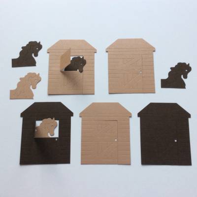 Stanzteile Pferdestall mit Pferdekopf 10-teilig, braun als Kartenaufleger, zum Kartenbasteln, 10 cm lang, 9,5 cm hoch