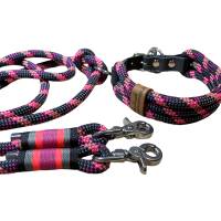 Hundeleine und Halsband Set, beides verstellbar, schwarz, grau, dunkelpink, koralle, Leder und Schnalle, 10 mm Stärke Bild 2