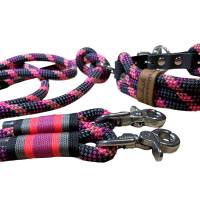 Hundeleine und Halsband Set, beides verstellbar, schwarz, grau, dunkelpink, koralle, Leder und Schnalle, 10 mm Stärke Bild 3