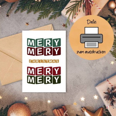 Merry Christmas Karte zum ausdrucken, Weihnachtskarte Din A6, Download Datei