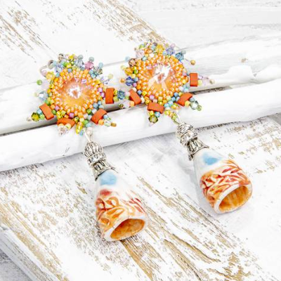 lässige florale ohrringe, geschenk, brautschmuck, keramik, glasperlen, orange, blau