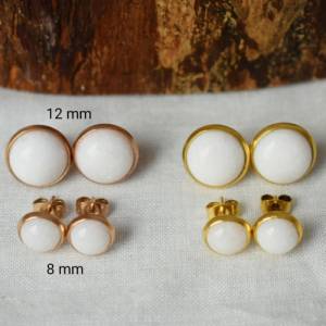 Weiße Jade Ohrringe, Edelstein Rosegold Ohrhänger, Mini Edelstein Ohrringe, rund, Weiß, Stein, kleine hängende Ohrringe, Bild 9