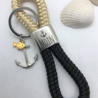 Schlüsselanhänger maritim aus Segelseil/Segeltau, Zwischenstück: "Moin", schwarz/sand Bild 1