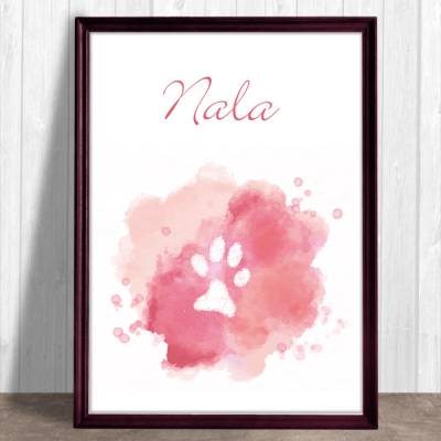Pfotenabdruck Poster | mit Pfotenabdruck und Name deines Hundes - pink rosa, Farbklecks Watercolor - Digitaldruck