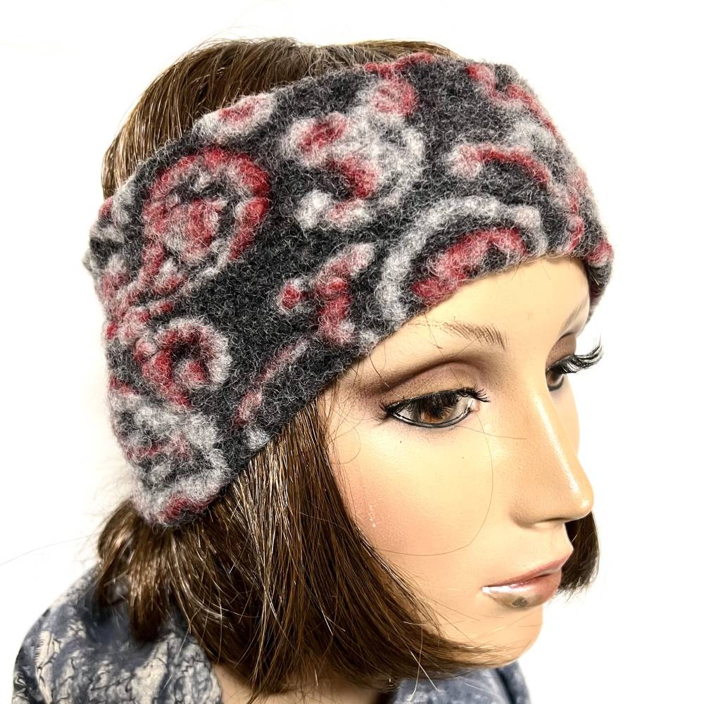 weiches Stirnband aus BIO-Wollwalk, in grau und rot, mit einem wunderschönen Muster, angenehm abgefüttert mit Baumwolle Bild 1