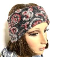weiches Stirnband aus BIO-Wollwalk, in grau und rot, mit einem wunderschönen Muster, angenehm abgefüttert mit Baumwolle Bild 3