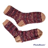 Wollsocken handgestrickt, Socken in Gr. 40-41, klassisch gestrickt in Bordeaux und Camel, Haussocken, Kuschelsocken Bild 1