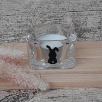 Teelichthalter aus Glas mit kleinem Osterhase ~ Teelicht Hase ~ Windlicht ~ Deko Bild 1